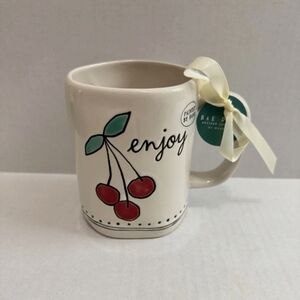Rae Dunn “ Enjoy” Cherries Mug Red Cherry Bun Cream and Red